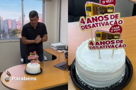Com bolo e palmas: vereador cobra gestão estadual por atraso na construção do VLT; veja