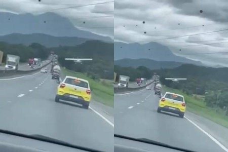 VÍDEO: monomotor faz manobra arriscada e pousa em meio a carros e caminhões na BR-101 em SC