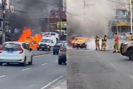Veículo pega fogo e bloqueia trânsito no Ogunjá