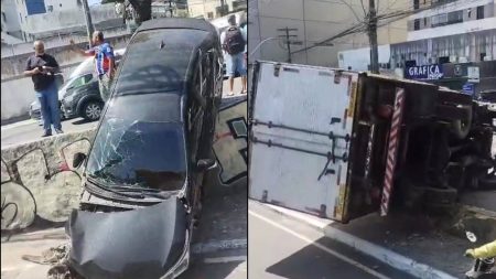 Vídeo: Caminhão perde o controle e atinge carro em Salvador