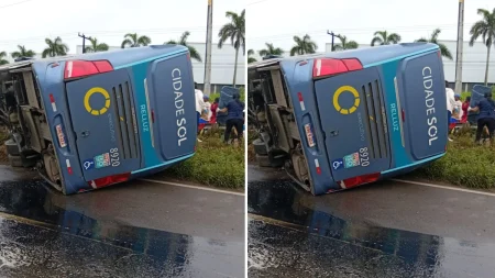 Ônibus tomba na BR-324 e deixa feridos