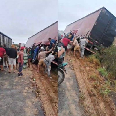 Caminhão tomba na BR-116 próximo a Serrinha; populares saqueiam carga de cerveja