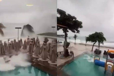 Ondas invadem área de lazer do Yacht Clube da Bahia após fortes chuvas em Salvador