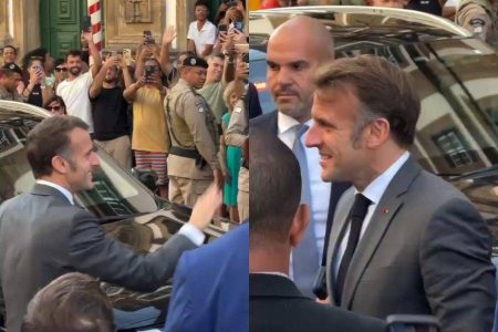 VÍDEO: Macron é recebido com festa por baianos no Centro Histórico de Salvador