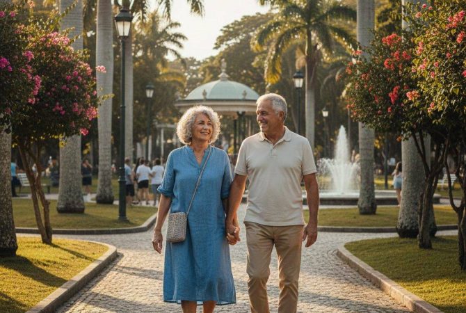 casal de meia idade envelhecendo juntos e caminhando na praça