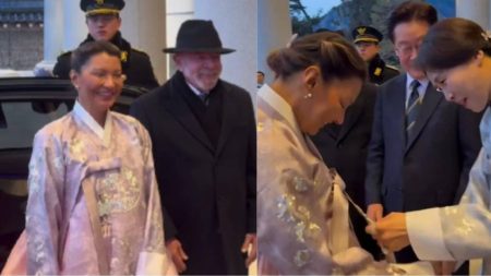 Janja usa traje tradicional da Coreia do Sul em jantar oficial com presidente sul-coreano em Seul