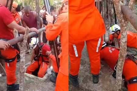 Bombeiros resgatam pai e filho após queda em poço de 10 metros na Bahia