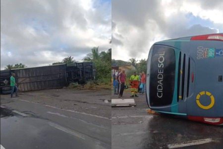 VÍDEO: Ônibus tomba na BR-324 e deixa um morto em Simões Filho