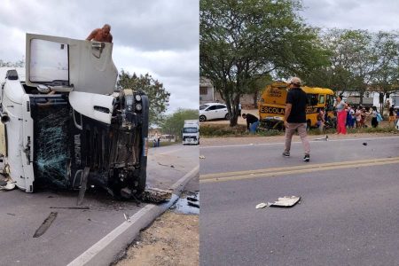 Colisão entre carreta e ônibus escolar deixa quatro feridos na Bahia