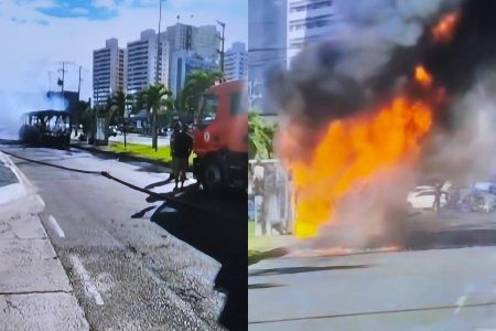 URGENTE: Ônibus pega fogo e deixa trânsito congestionado na Avenida Tancredo Neves