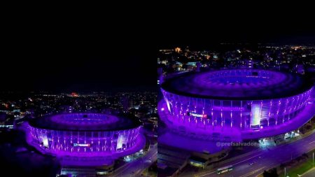 Arena Fonte Nova ganha iluminação lilás em ação pelos 20 anos da Lei Maria da Penha