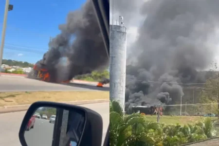Carreta é tomada pelo fogo após pequena explosão em avenida de Salvador